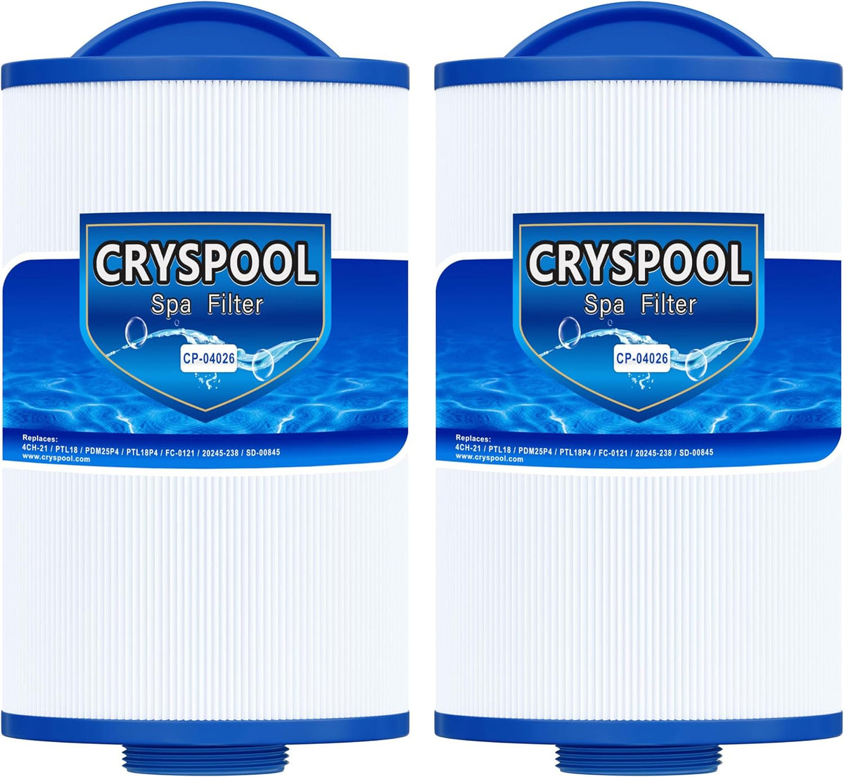 Cryspool spa filter cartridge front view showing 2 pack packaging
