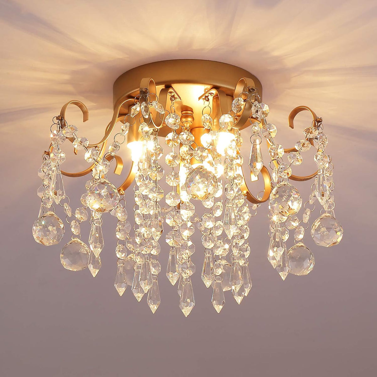 Q&S Small Crystal Chandelier Flush Mount Ceiling Light 3 Lights Modern Chrome Iron Raindrop Crystal Ceiling Fixture for Bedroom Hallway Closet Entryway Stairs - Image 10