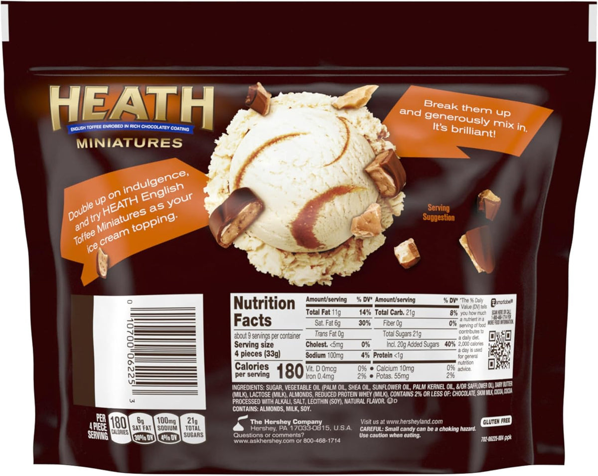 Heath Chocolatey English Toffee Miniatures bag back details showing ingredients and nutrition