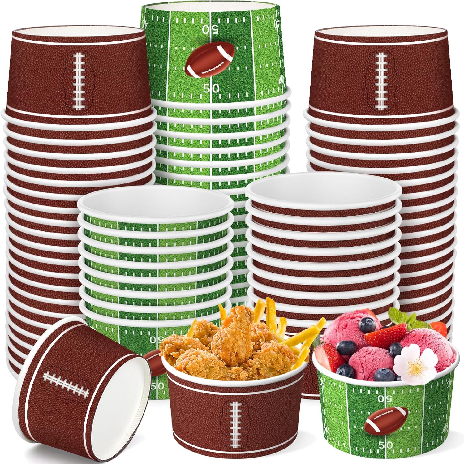 GiftPioneer 50pcs football snack bowls front view with sport theme design