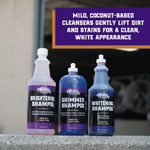 Premium imported horse whitening shampoo close up of packaging.