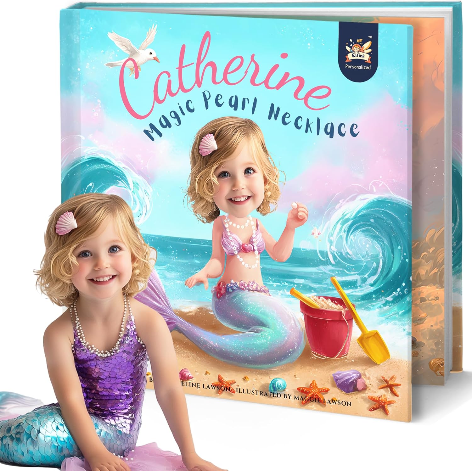 ELFINK Personalized Mermaid Adventure Book front cover featuring customized child photo and name.