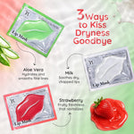 Bloomora hydrogel lip mask packaging highlighting aloe vera, milk, and strawberry variants.