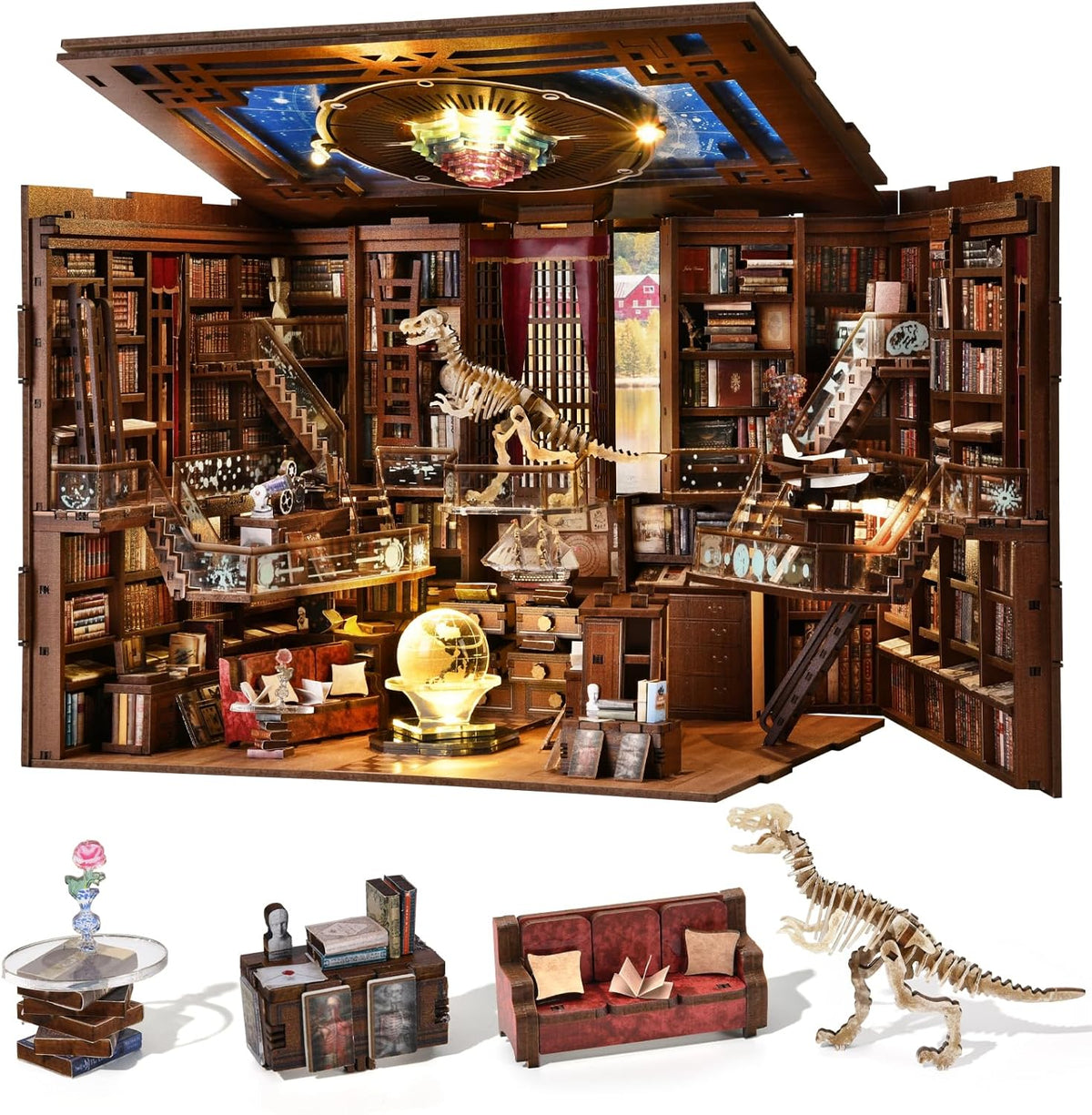 MiniCity Book Nook Kit Beyond Library Max front view showcasing illuminated wooden shelves