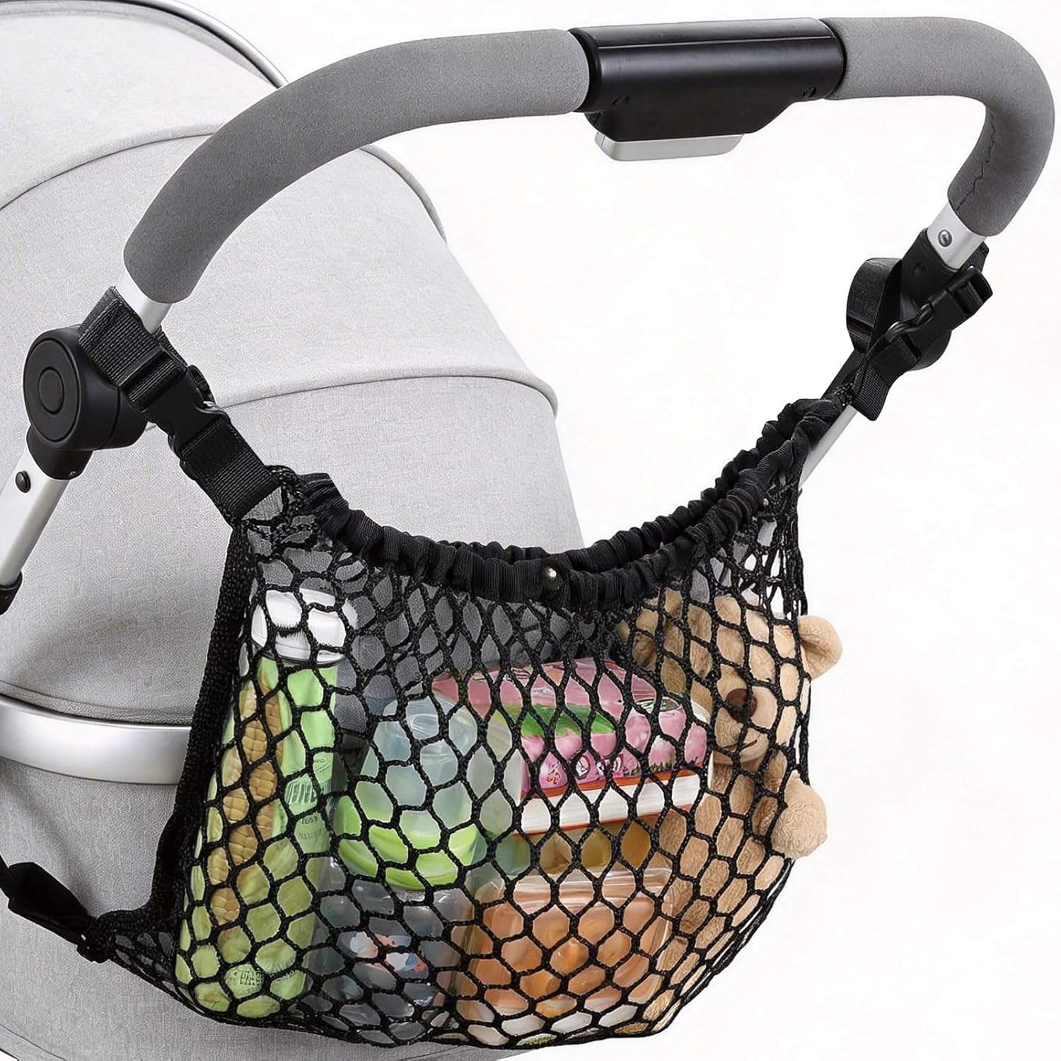 Accmor Universal Stroller Organizer front view attached to handlebar showing mesh storage space.