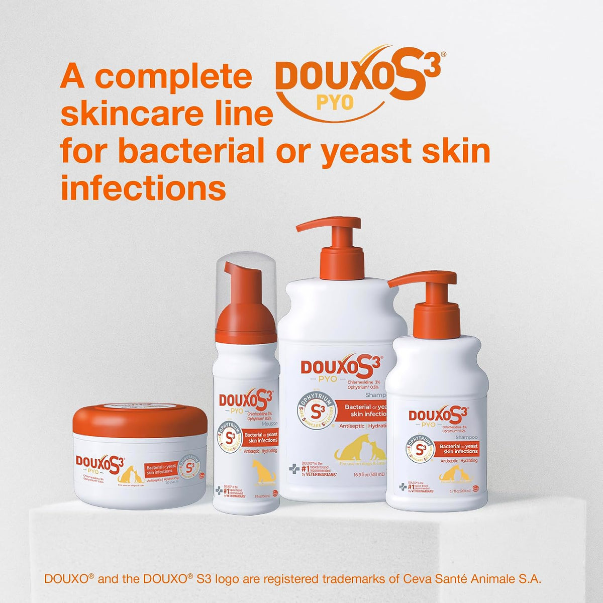 Group shot of Douxo S3 Pyo shampoo for dermatology care