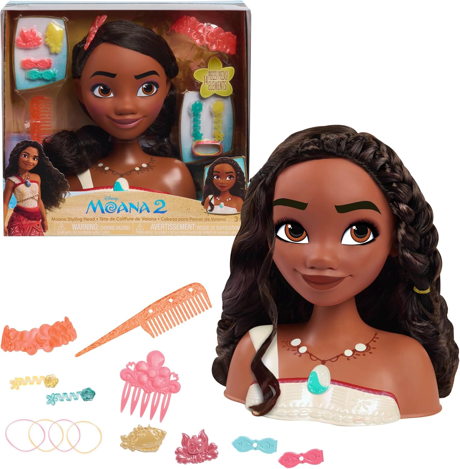 Disney Princess Moana 2 Styling Head front view showing realistic dark hair and flower crown accessory