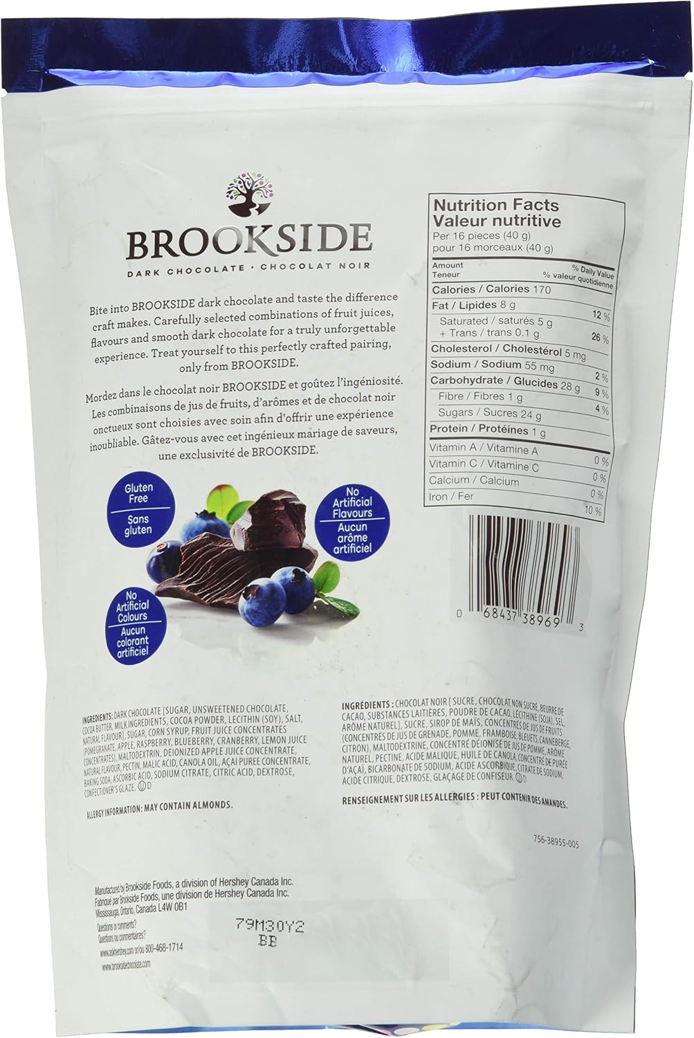 850 gram bag of Brookside premium imported dark chocolate