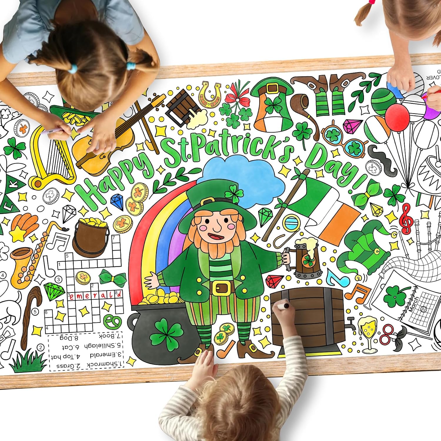 Gatherfun St. Patrick's Day coloring poster front view displaying giant Irish themed illustrations for children