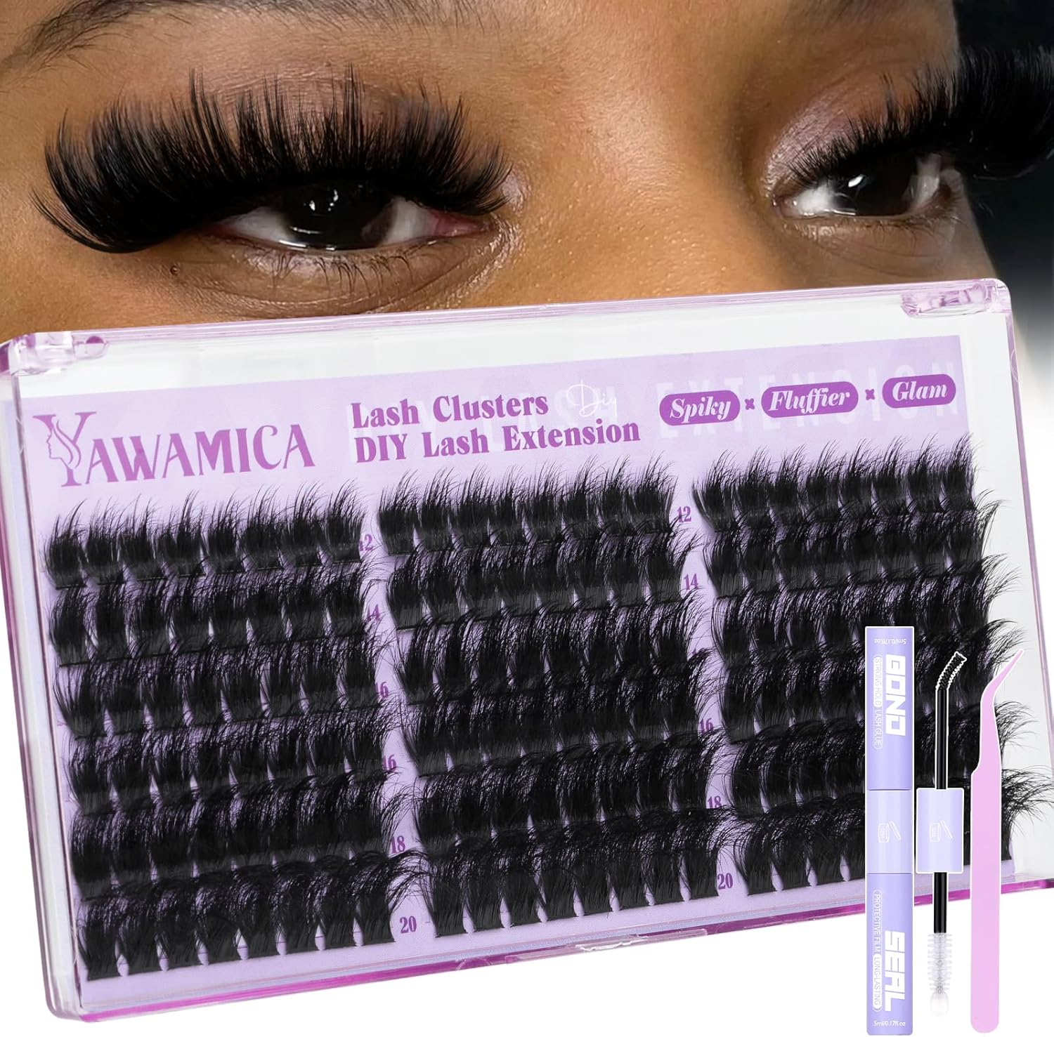 Yawamica Fluffy Lash Clusters Kit Wispy Volume Cluster Eyelash Extensions 12-20mm D Curl Individual Lash Extension Kit with 2-in-1 Lash Bond and Seal and Tweezers for Volume Wispy Lash Look - Image 1