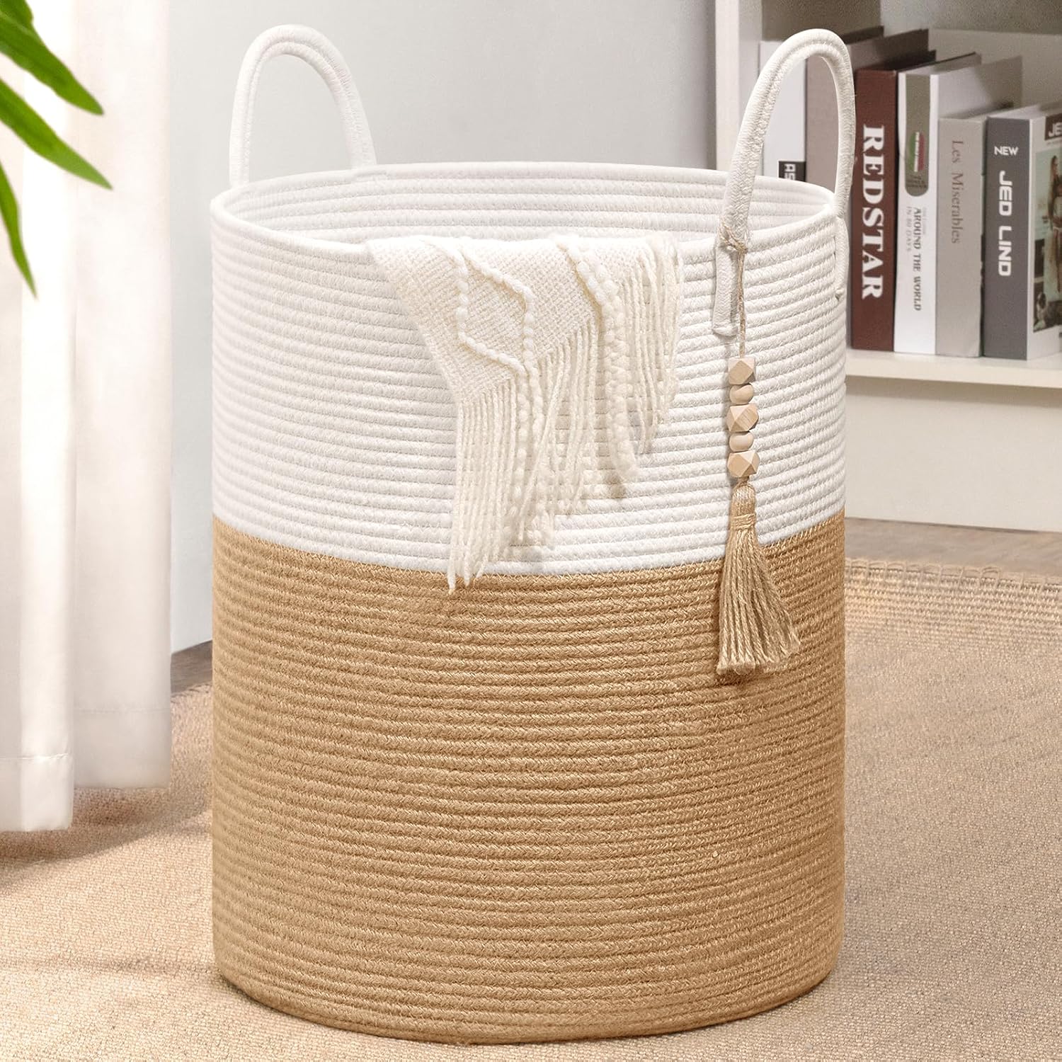 Goodpick woven laundry basket white and jute front view