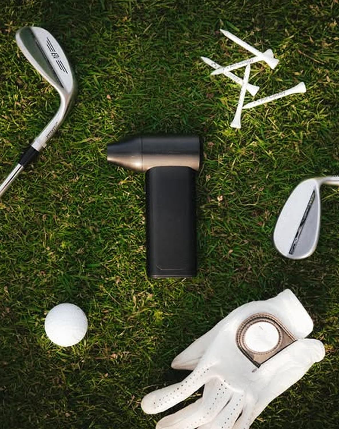 Hiame Air Caddy Pro 2.0 cordless golf blower front view showcasing sleek black and metallic body for premium gear maintenance.