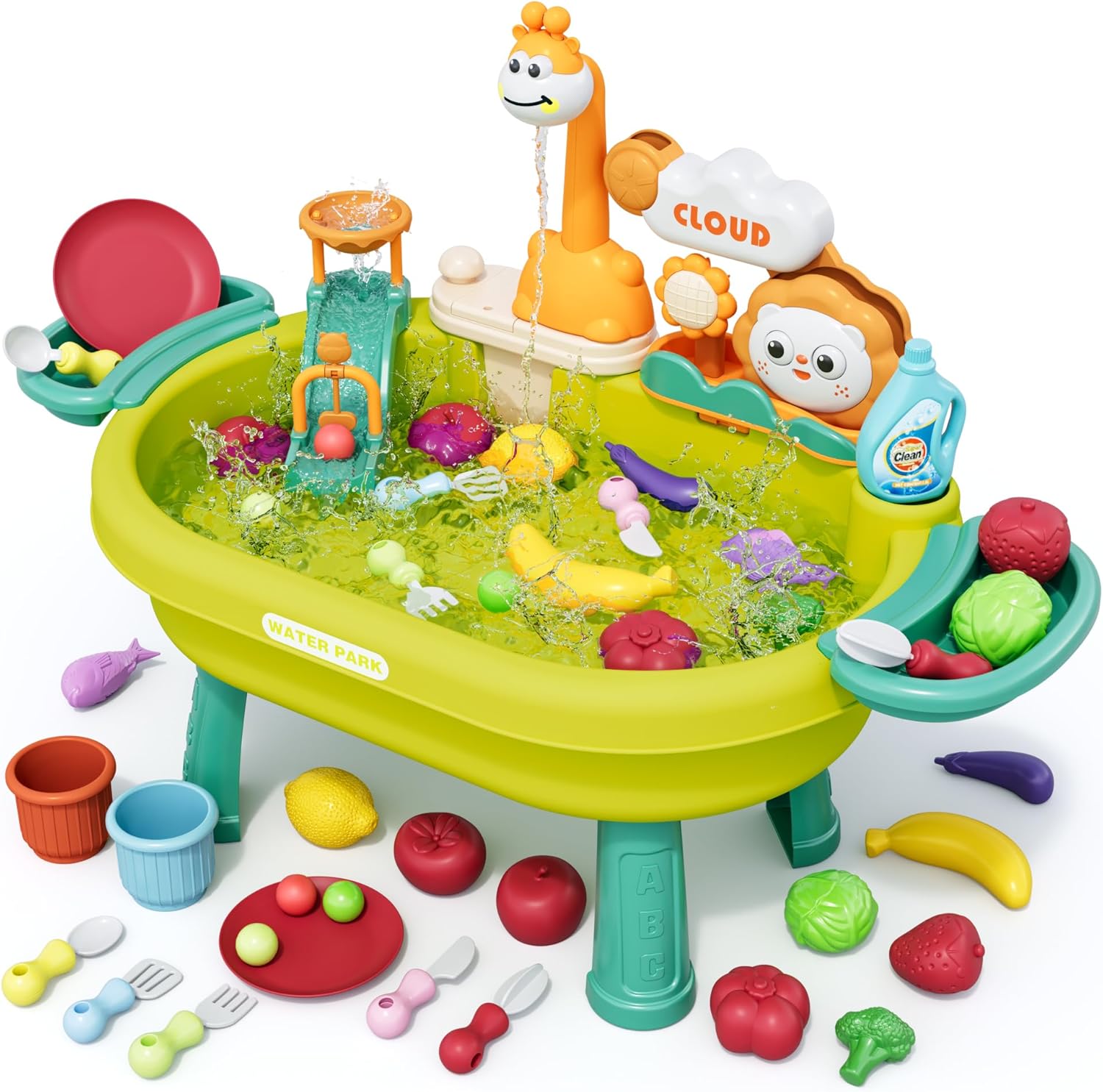 Eterfun kids sand and water table front view showing the giraffe electric faucet and colorful accessories.