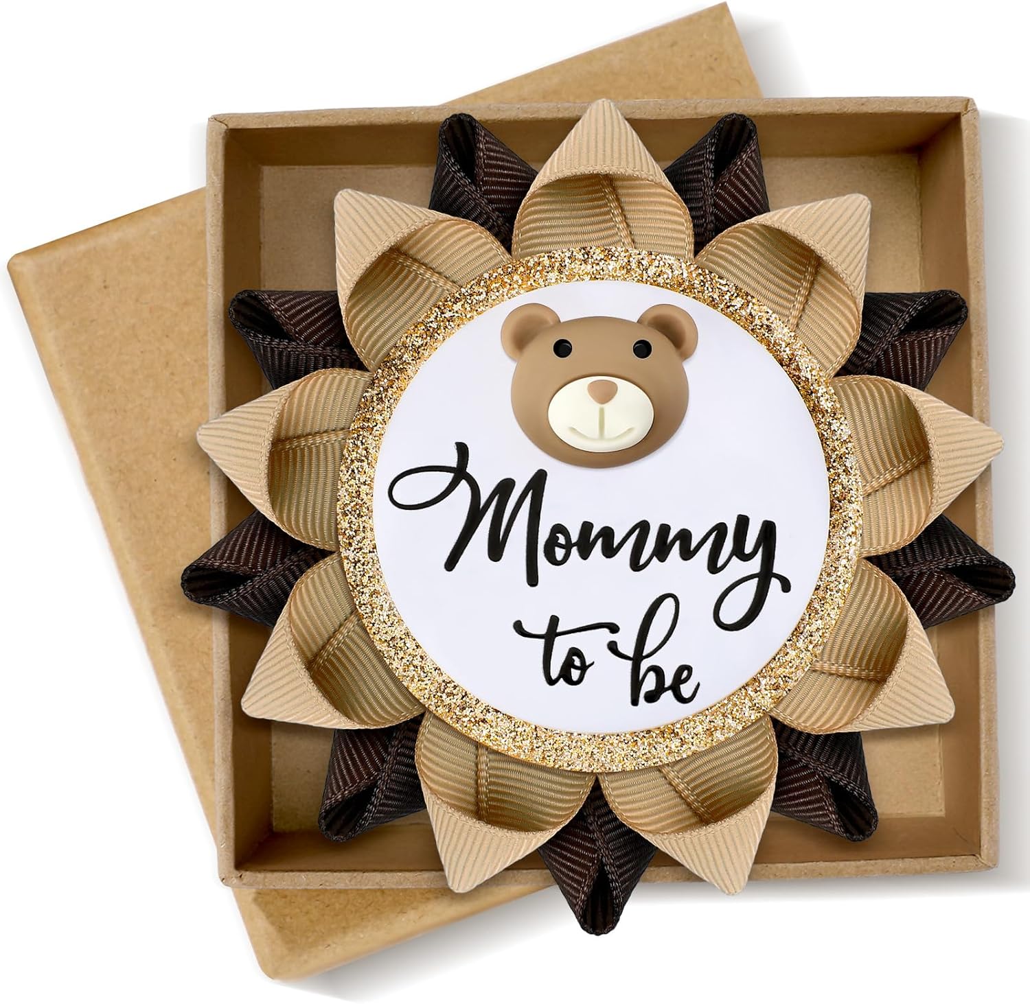 Wavwavw Mom to Be bear baby shower badge front view showing brown ribbon rosette