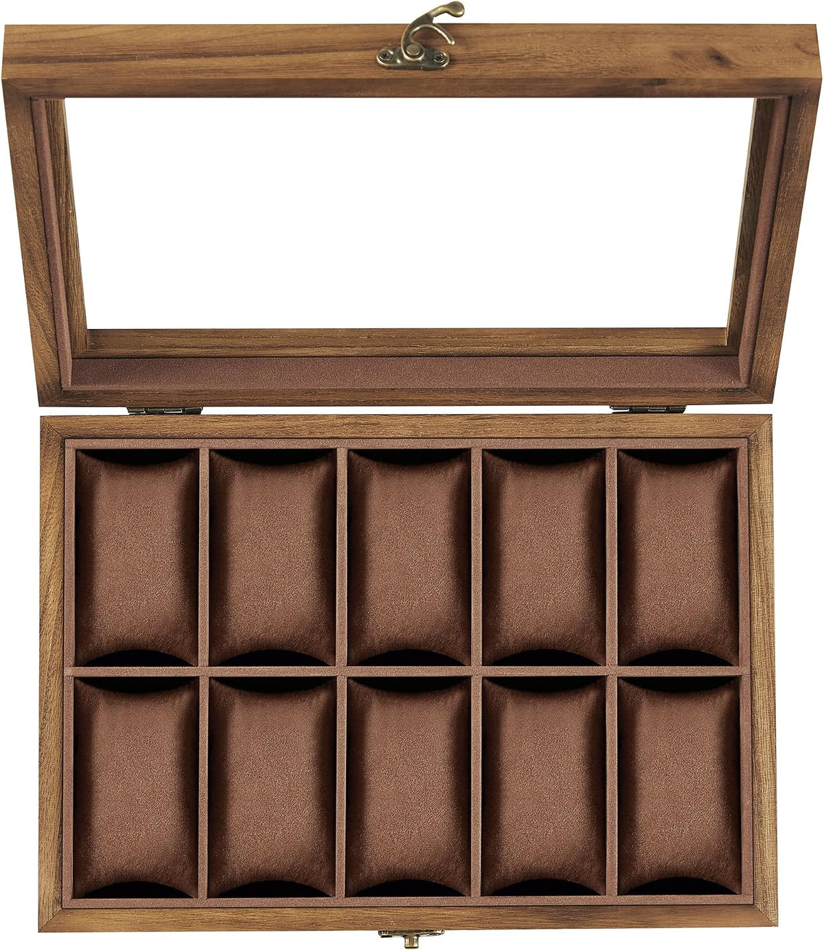 SONGMICS 10-Slot Watch Box, Watch Display Case with Large Glass Lid, Removable Pillows, Velvet Lining, Gift Idea, Rustic Walnut UJOW100K01 - Image 9