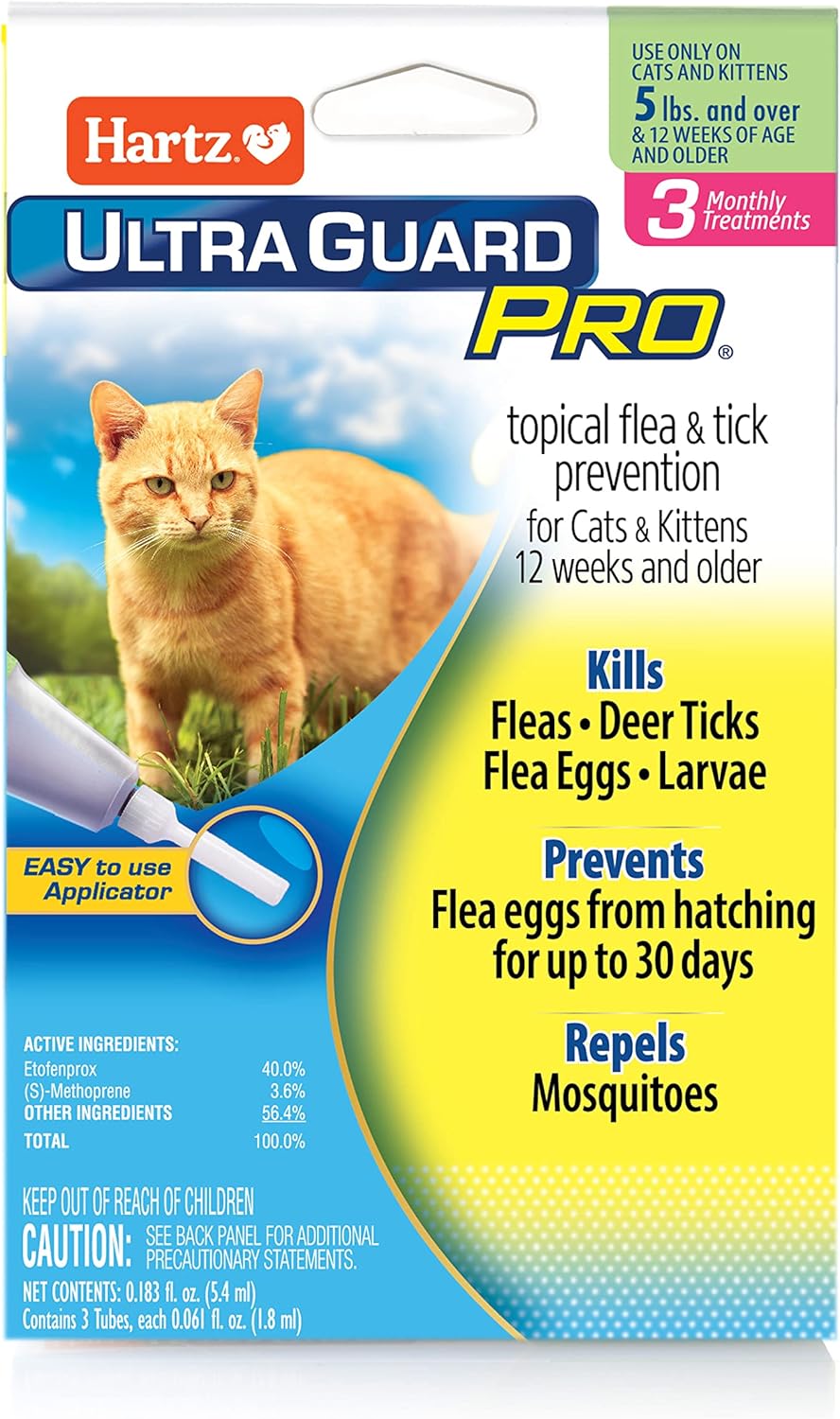 Hartz UltraGuard Pro flea and tick prevention for cats front packaging view.