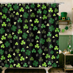 MEHOFOND St. Patrick's Day shower curtain front view showing green shamrock patterns.