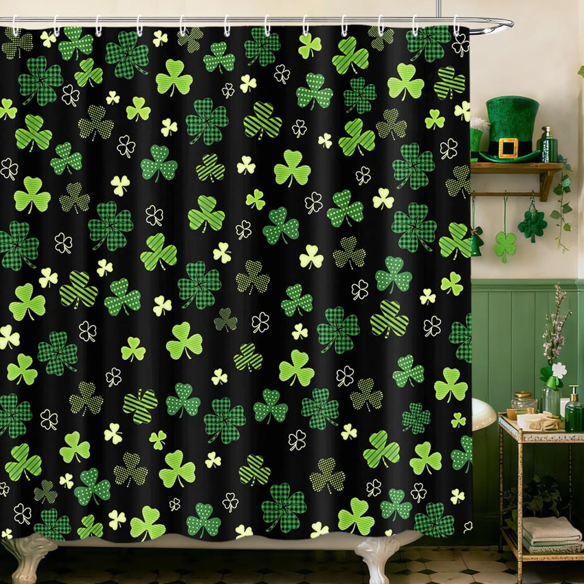 MEHOFOND St. Patrick's Day shower curtain front view showing green shamrock patterns.