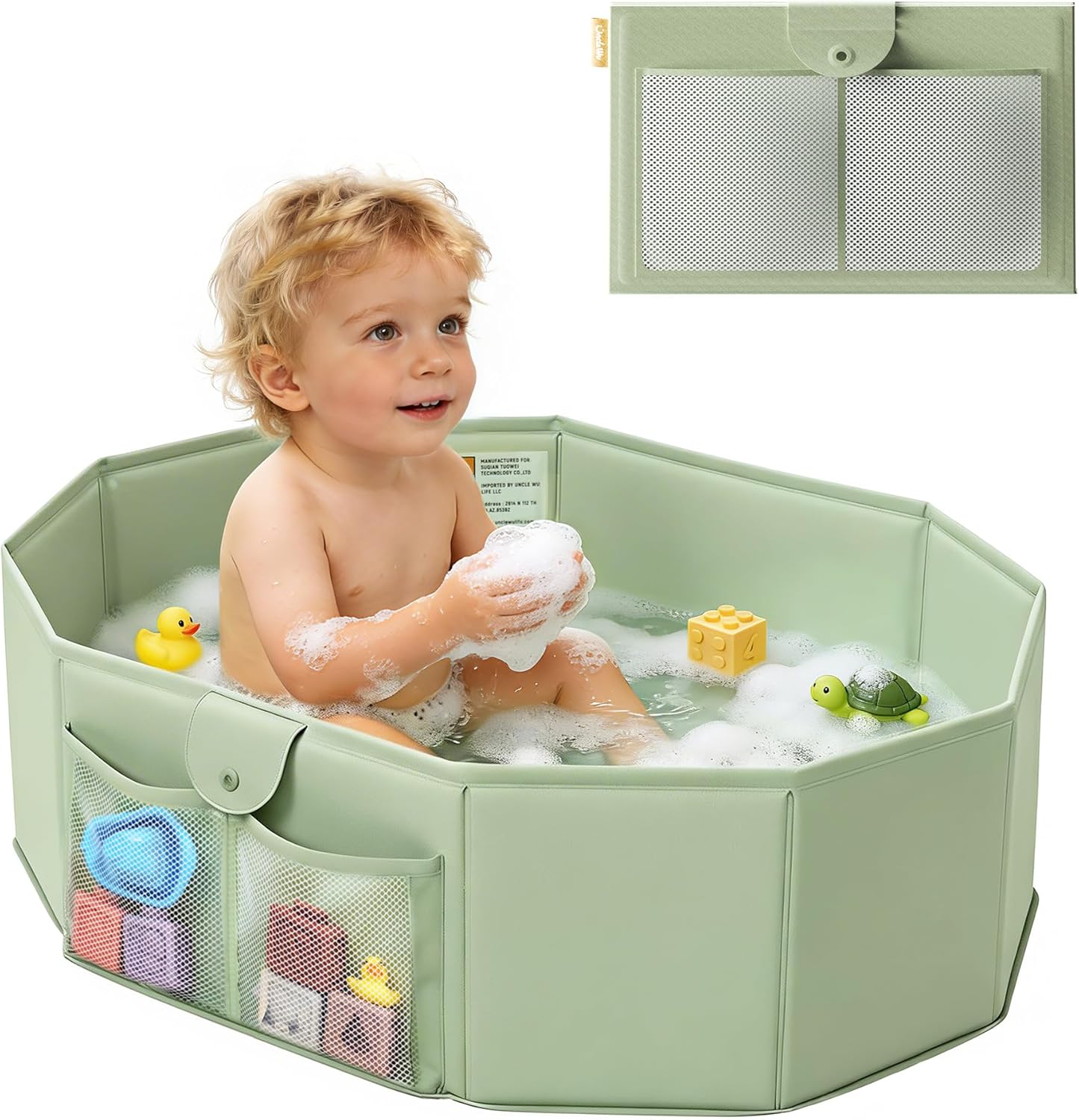 UNCLE WU Toddler Bathtub for Shower (12M-5Y) â€“ Large Collapsible Portable Tub Converts Shower Stall to Bath â€“ Sturdy, Non-Slip with Mesh Storage Pocket & Fast Drain for Kids & Small Bathroom - Image 1