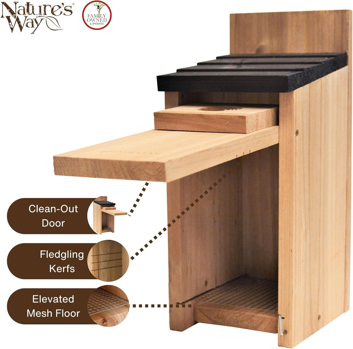 Nature Way cedar bluebird box house clean out door open