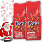 Two packs of individually wrapped Daim chocolate pieces showing international packaging details