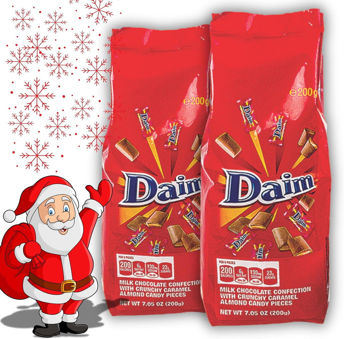 Two packs of individually wrapped Daim chocolate pieces showing international packaging details