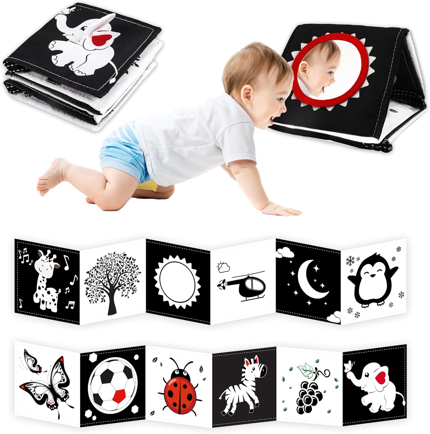 Chambom high contrast black and white baby toys front view during tummy time floor play.
