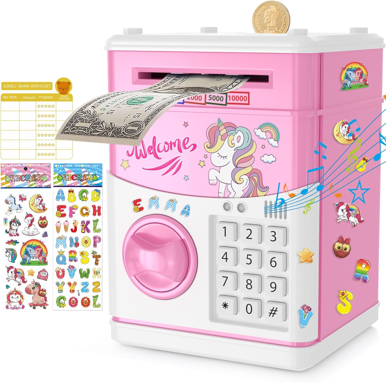 JUNEU Unicorn Electronic Piggy Bank front view showcasing the digital keypad and automated bill feeder mechanism.