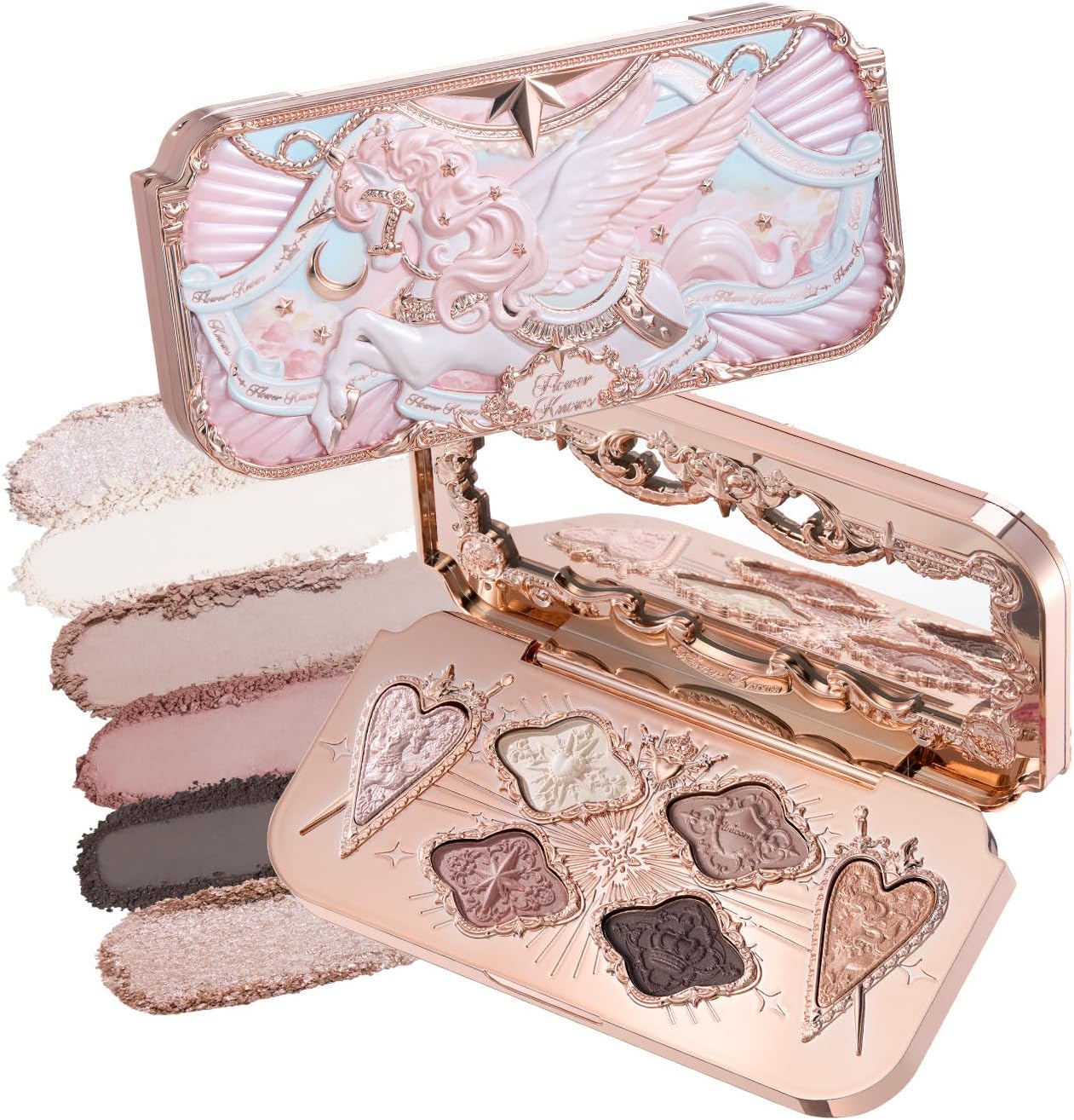 Flower Knows Knight Unicorn Collection 6-Color Satin Makeup Palette, Champagne Nude & Taupe, Color-Rich Blendable Buttery Powder Formula, Gift-Ready Collectible Compact, Vegan (01 Aurora Reverie) - Image 1