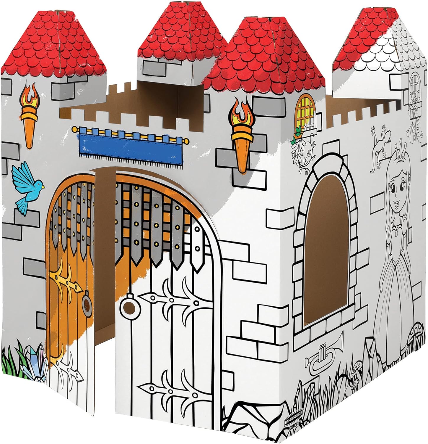 Bankers Box at Play Large Color in Castle Playhouse front view showing pre-printed castle design walls for kids coloring craft