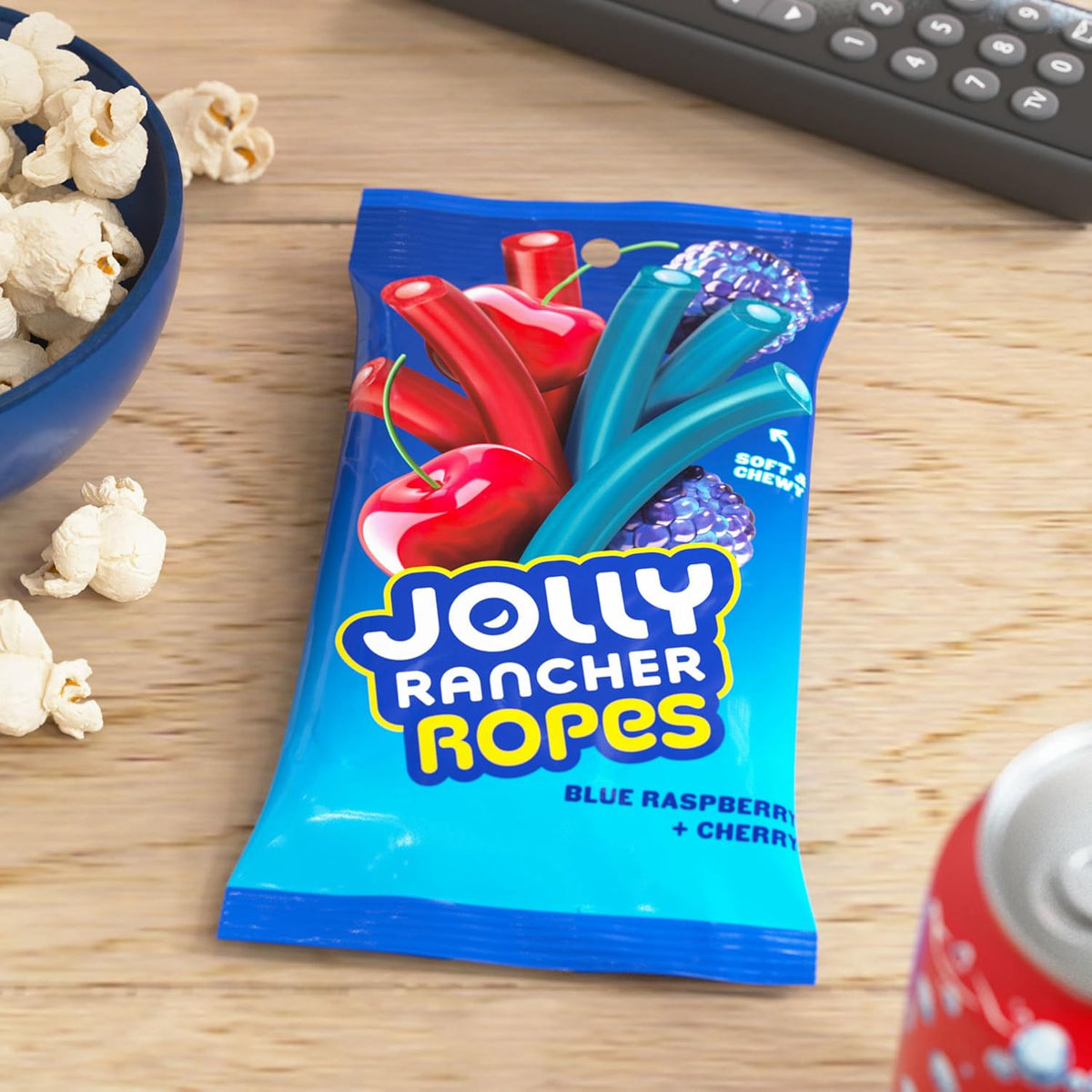 Movie night snack spread featuring American imported fruit candy ropes.