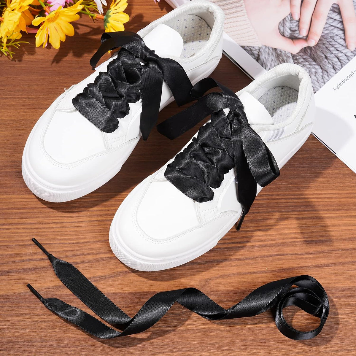 Marrywindix satin ribbon laces styled on sneakers