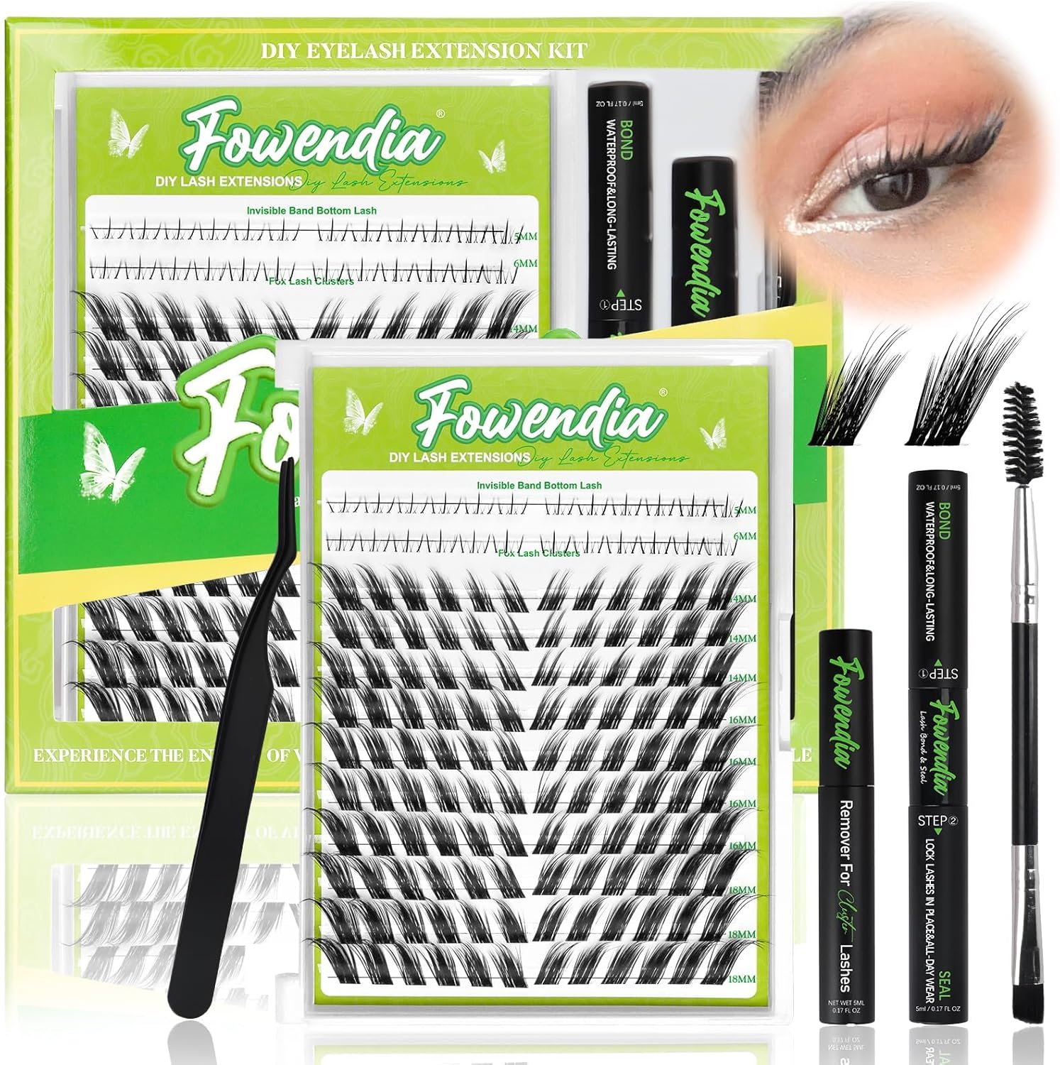 Fowendia Fox Cat Eye Lash Clusters D Curly DIY Lash Extension Kit Wispy Eyelash Clusters 8-18mm with Bond, Seal, and Remover - Invisible Band Lashes Clusters Cat Eyelashes Lower Lashes, Fairy Fox-Kit - Image 1