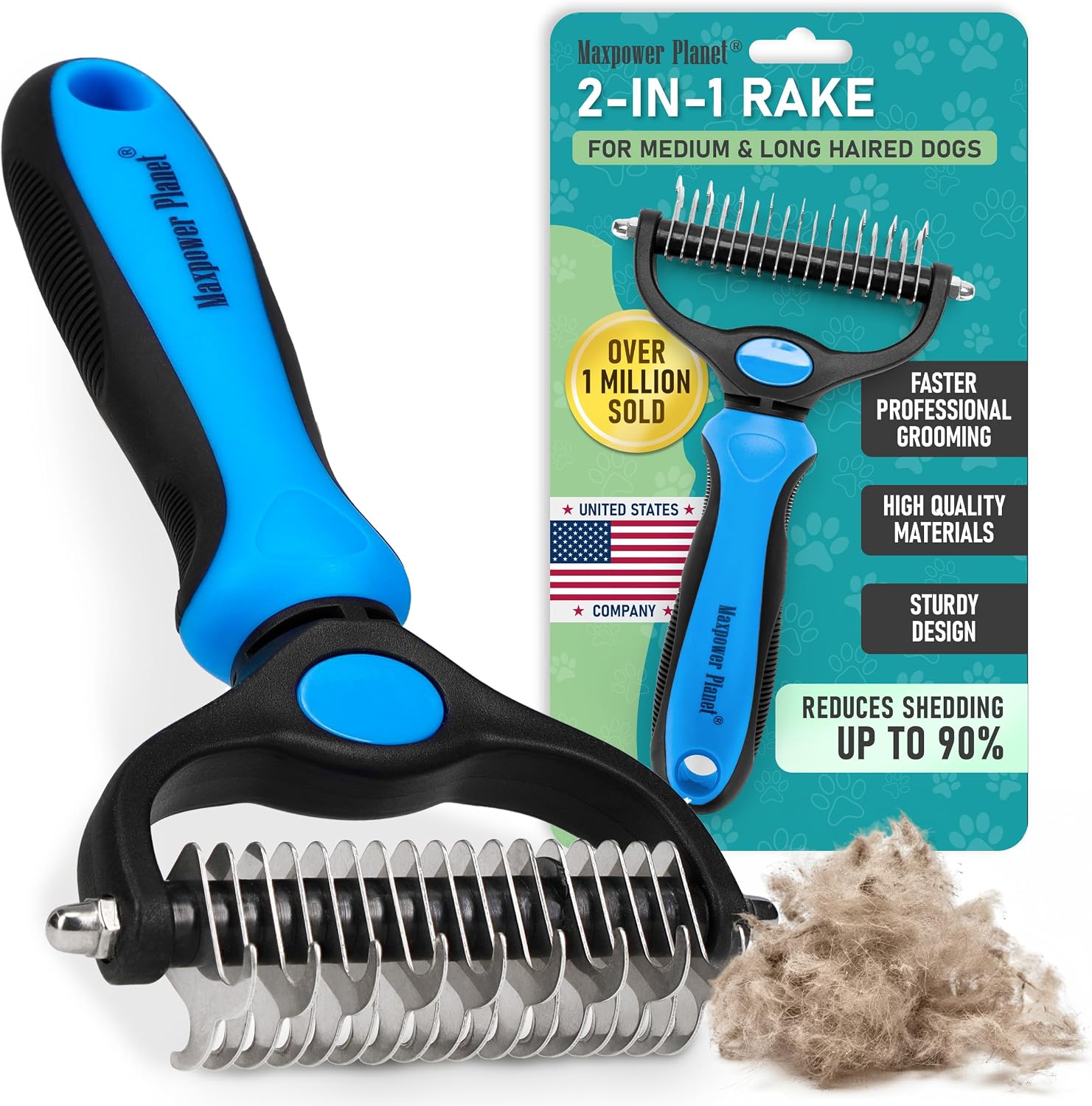 Maxpower Planet Pet Grooming Rake blue front view