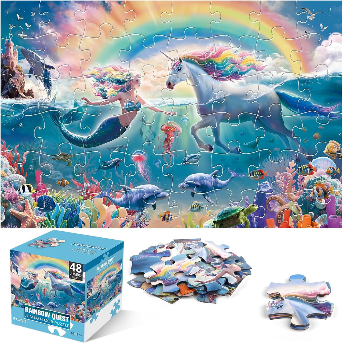 IFLOVE jumbo floor puzzle front view showing full underwater unicorn and mermaid scene