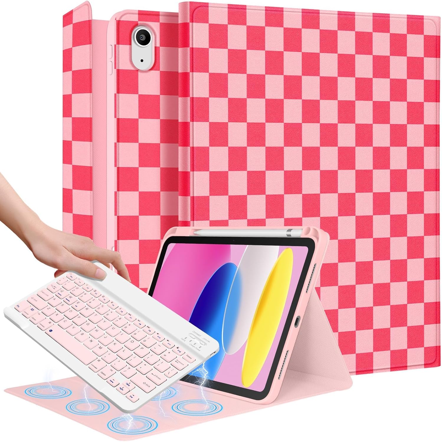 Wazzasoft iPad 10th generation keyboard case pink plaid front view showing the tablet in typing mode with the cute checkered pattern cover