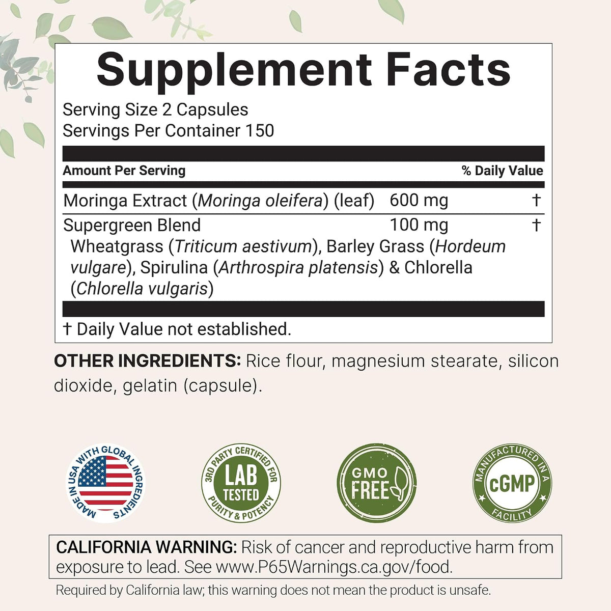 Micro Ingredients Moringa Oleifera supplement facts label view