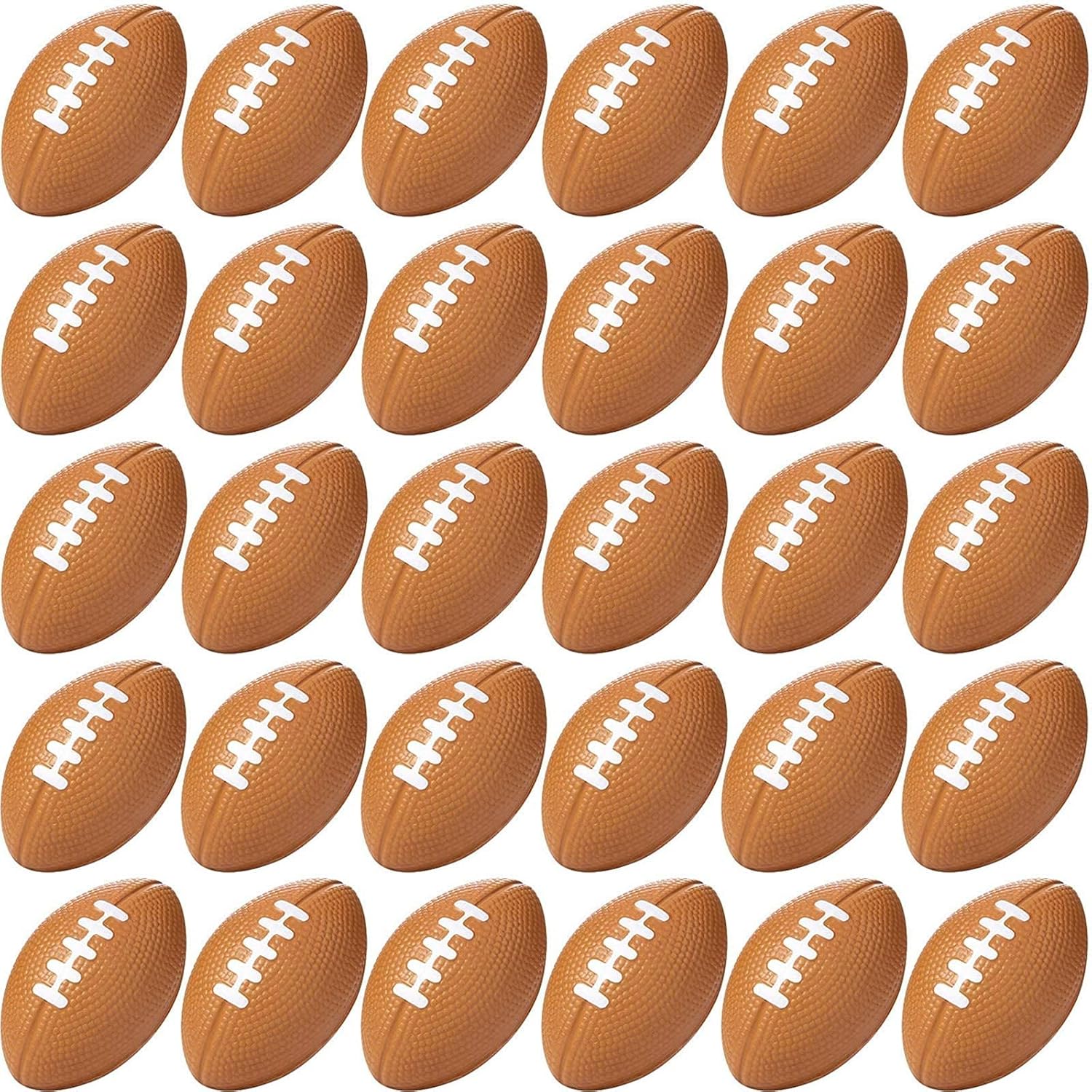 Blulu mini foam football bulk pack front view showing multiple brown sports stress balls.