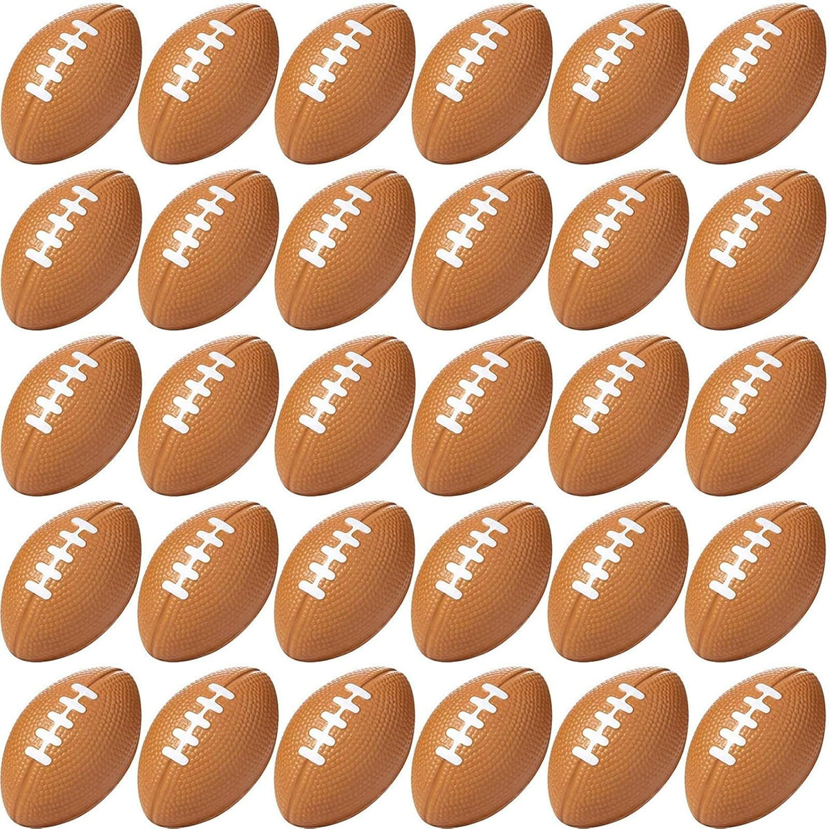 Blulu mini foam football bulk pack front view showing multiple brown sports stress balls.
