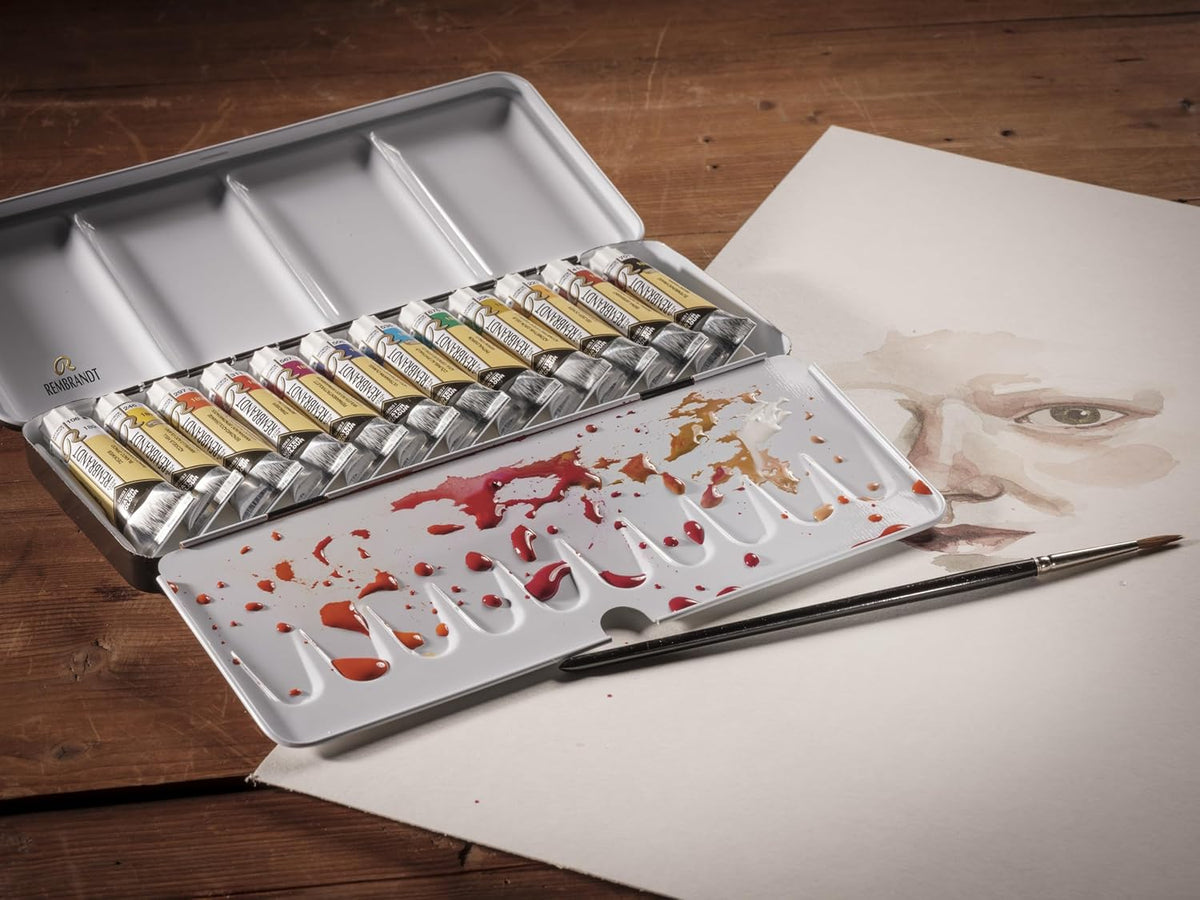 Rembrandt professional artist watercolours packaging and color swatches