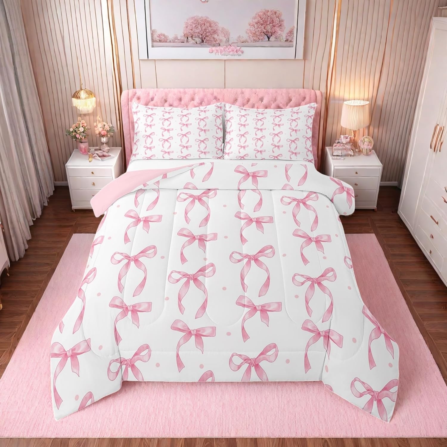 Erosebridal cute pink bow twin bedding set front view