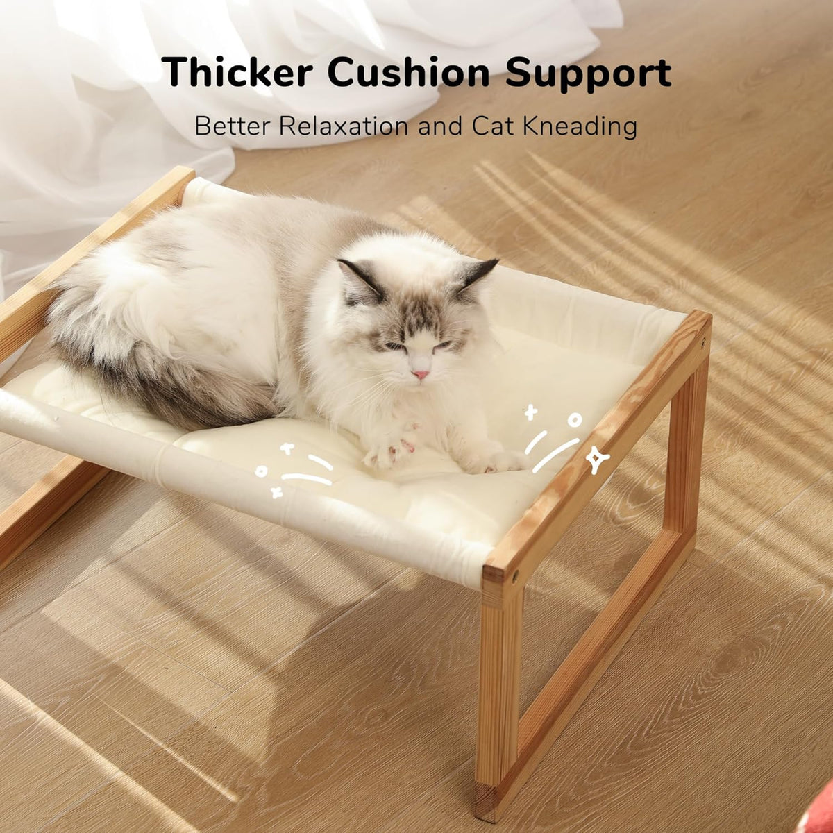 Cat resting on elevated Fukumaru wooden pet couch