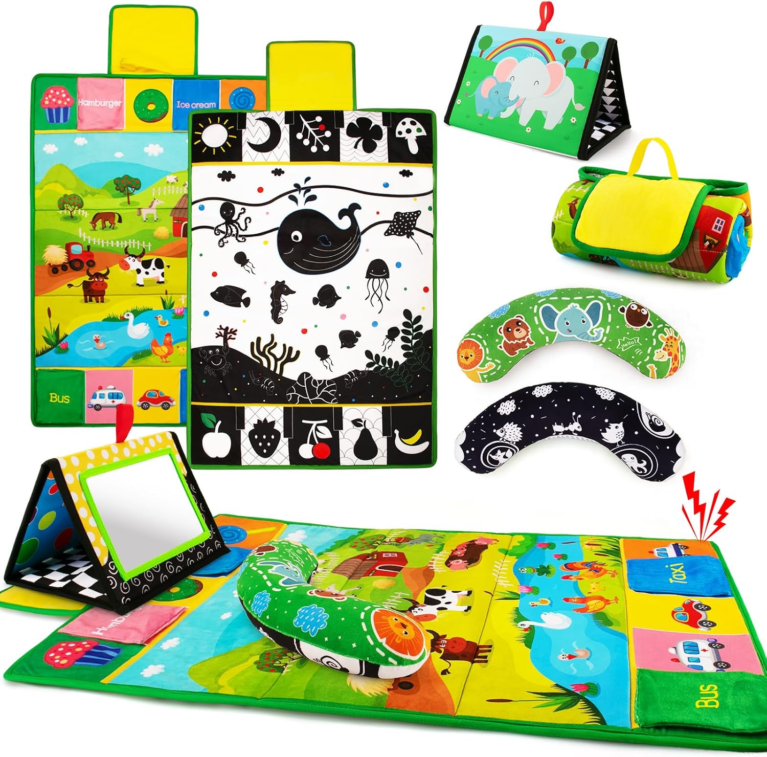 Inbeby tummy time mirror play mat front view high contrast sensory infant toy set