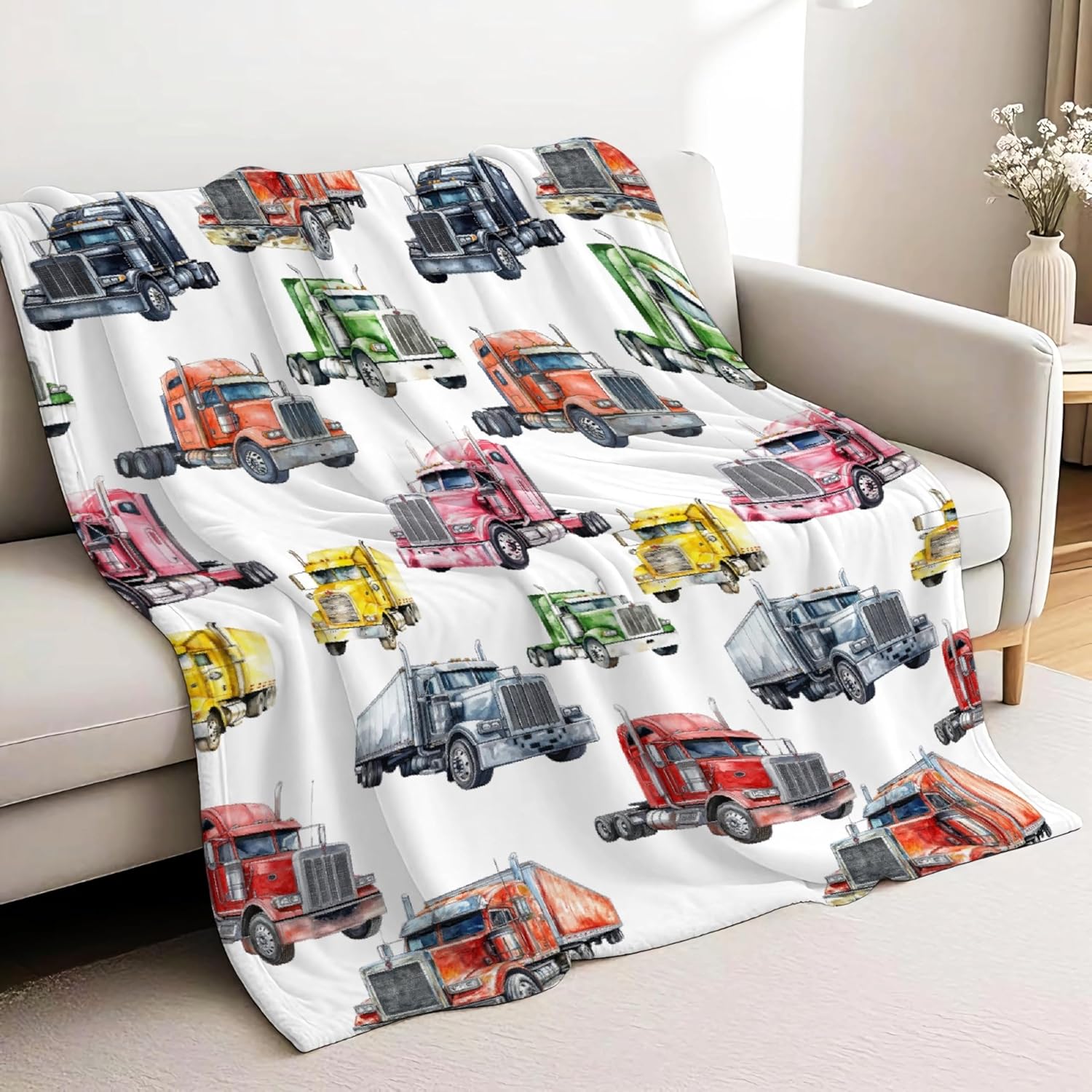 Mellowora semi truck blanket for kids front view showing colorful trucker print