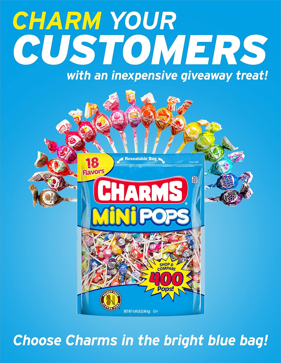 Colorful assortment of low calorie Charms Mini Pops spread out next to the packaging.