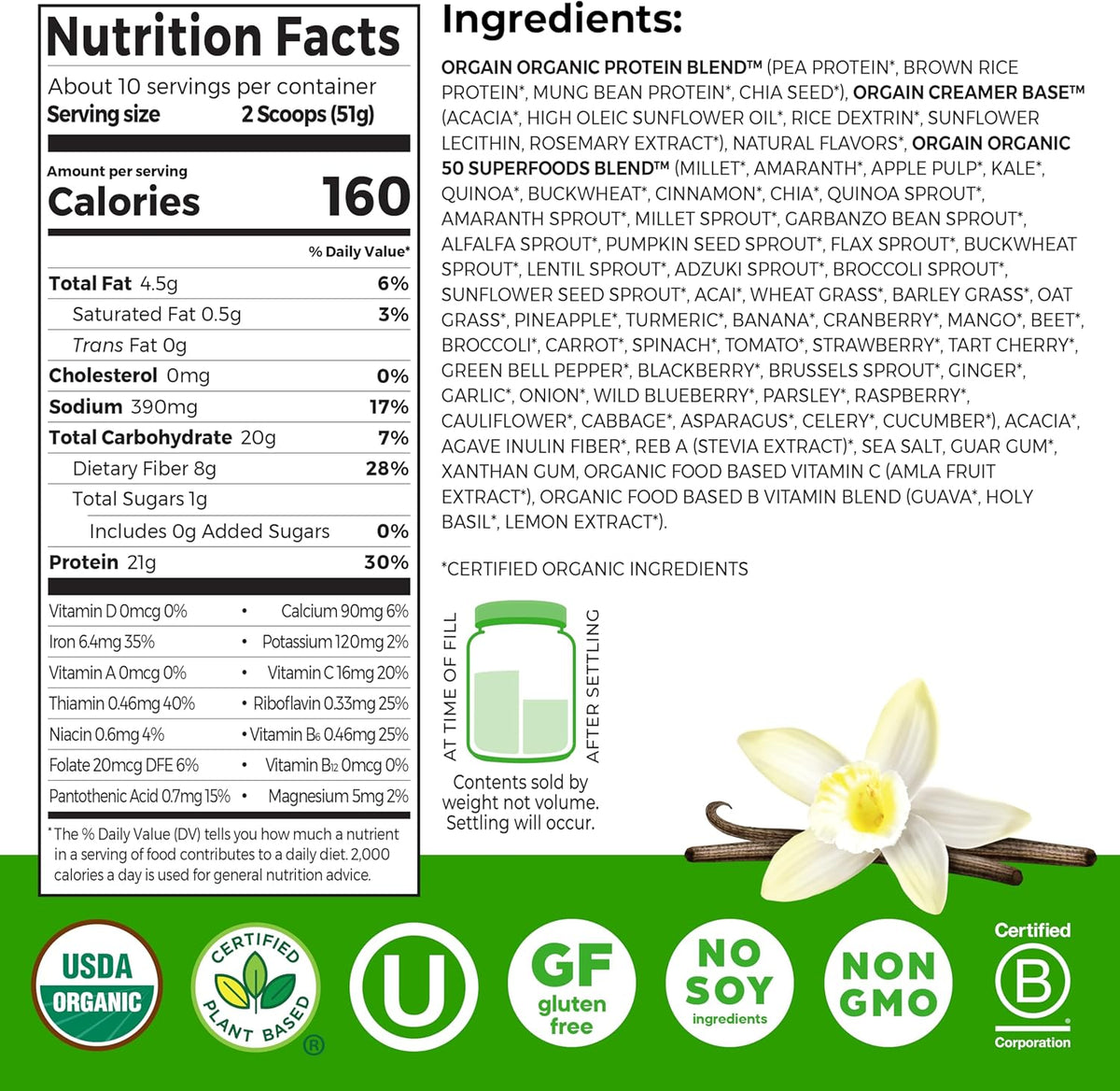 Orgain plant based protein powder nutrition facts label