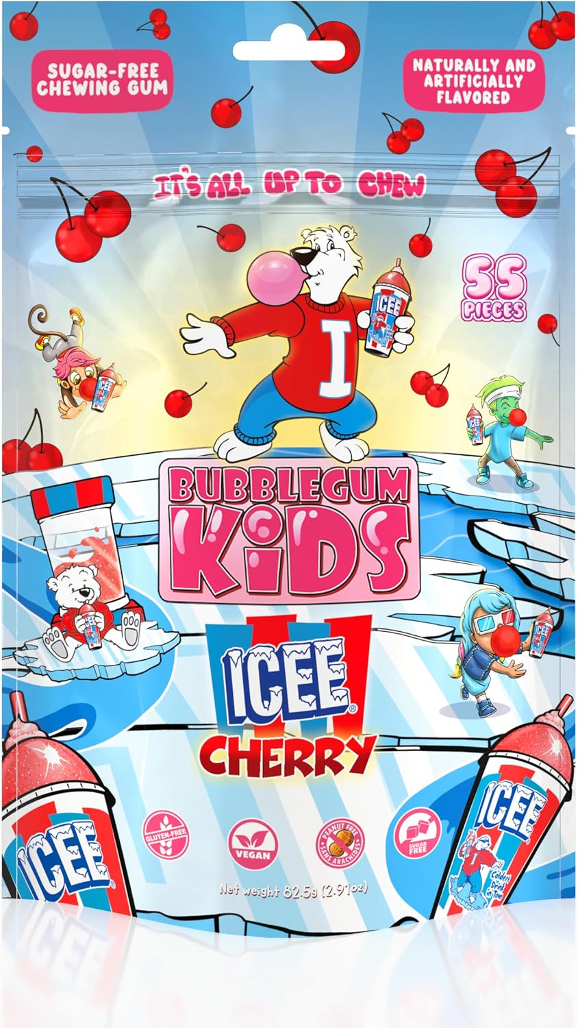 ICEE Blue Raspberry Sugar Free Gum by Bubblegum Kids | Sugarless Gum with Xylitol | Vegan, Peanut Free, Low Calorie Candy Alternative for Kids & Adults | Resealable Bag, 55 Pieces Per Pack, 1 Pack - Image 15
