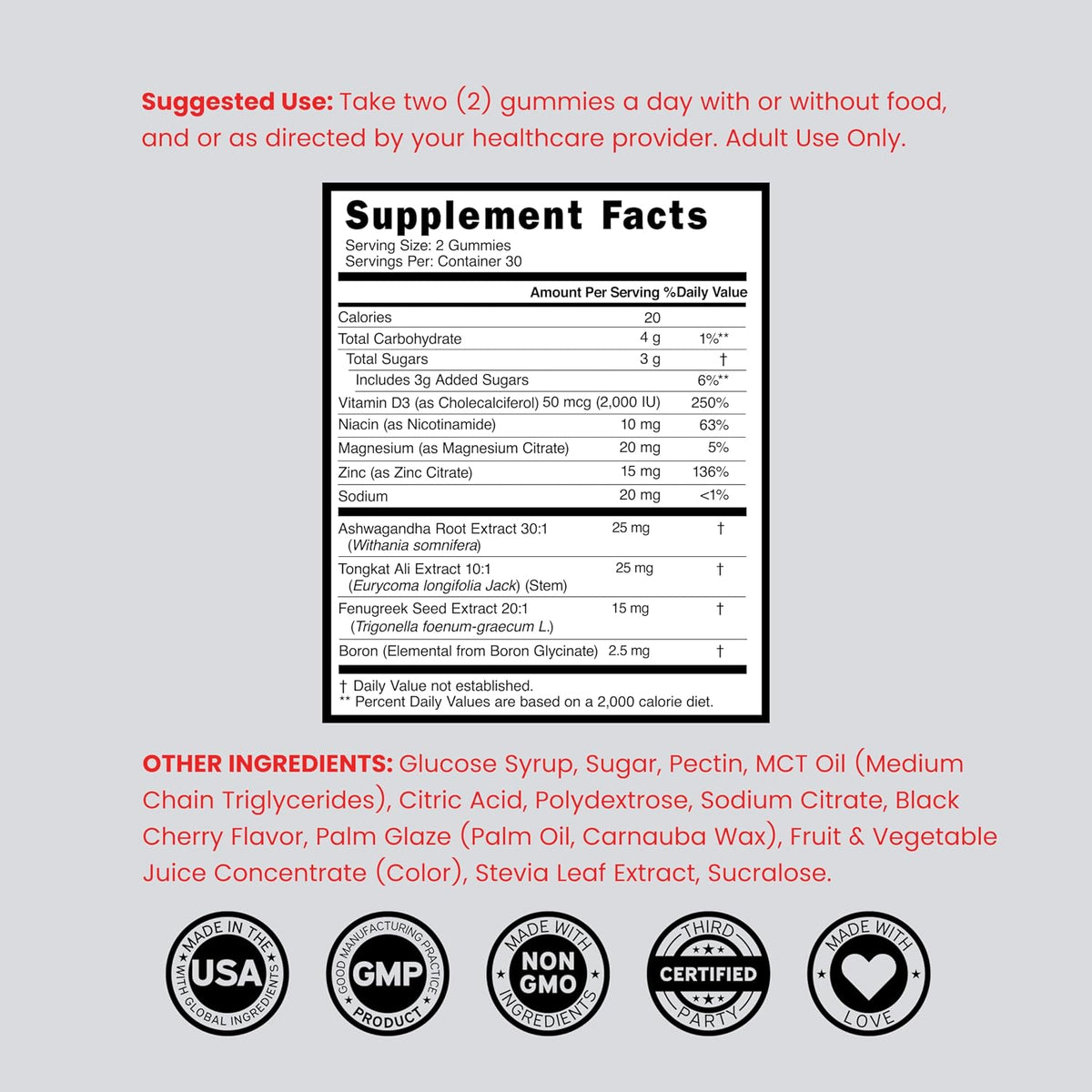 Dorado Nutrition testosterone gummies vegan and non-gmo label