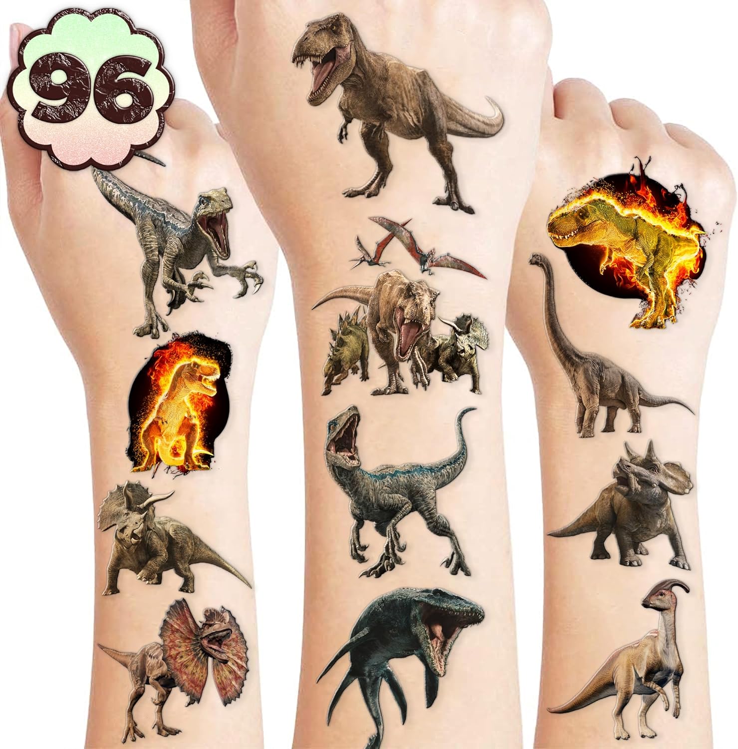 96PCS Dinosaur 3D Pre-Cut Temporary Tattoos - Stickers for Birthday Party Supplies, Decorations, and Favors - Super Cute Gifts for Kids, Boys & Girls, Classroom Prizes, and Themed (Normal) - Image 1