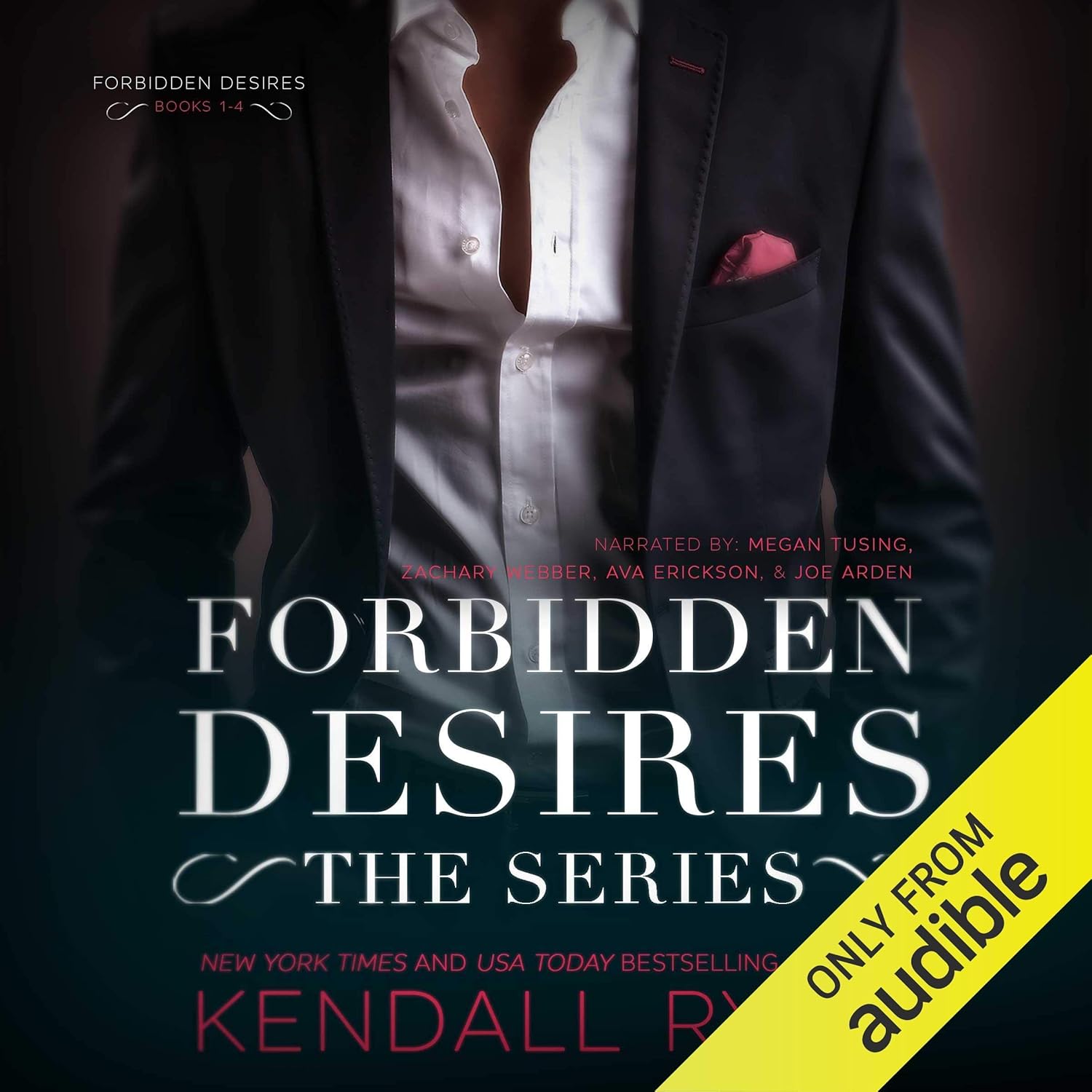 Audible Forbidden Desires The Complete Series audiobook front cover artwork featuring a man wearing a black suit and a pink pocket square.